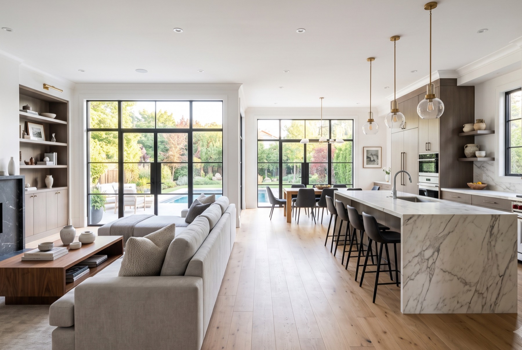 Bright, remodeled open-concept kitchen and living room